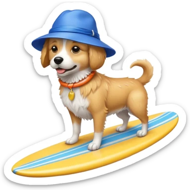 Dog on a surfboard with a blue hat sticker