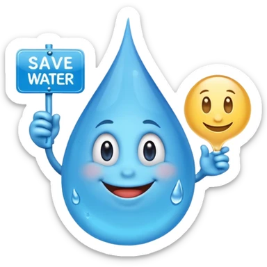 A smiling cartoonish, blue water, droplet character holding a sign saying, save water save money sticker