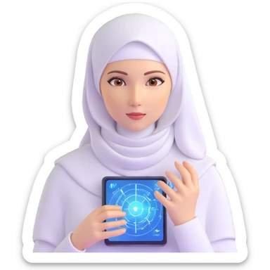 woman with white hijab wearing blue outfit, working with futuristic screens showing advanced holographic interfaces, AI visualizations, quantum data patterns, circuit networks, high-tech metaverse elements sticker