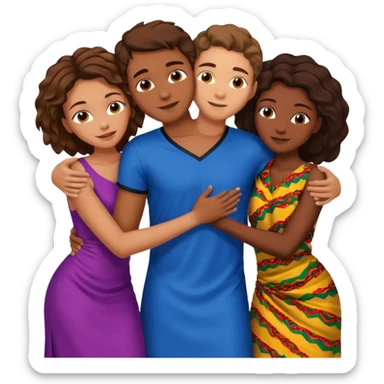 one american italian young brown-haired man surrounded by three african women with large butts hugging him and each other and massaging his crotch sticker