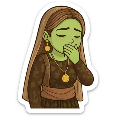Kurdish cartoon sticker of the same woman in the new dress, feeling nauseous or about to vomit, hand over mouth, greenish face, no text, transparent background sticker
