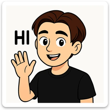 Edit the image of the boy to show him waving with his right hand, smiling, with the text "HI" above his hand. He is wearing a black shirt. Keep the face and style as in the original image. sticker