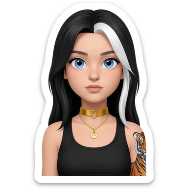 Emoji with blue eyes girl with long black and white hair wearing a gold choker neckless wearing black tank top tiger tattoo on right arm sticker