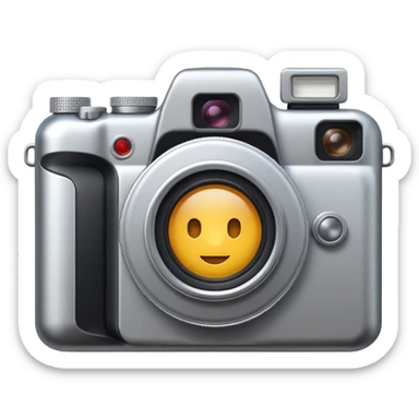 Minimal emoji icon of a modern metalic camera, front view, simple shapes, realistic lens,  sticker