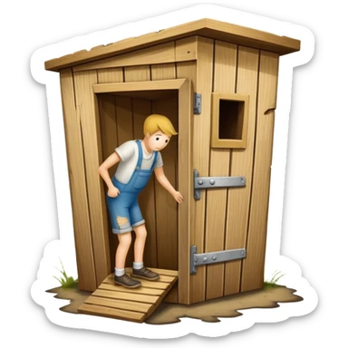 A trophy in the shape of an outhouse with a persons legs breaking out of the bottom at the base “I stink at FF” sticker