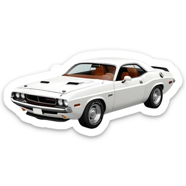 Perfectly structured white 1971 Dodge Challenger from Death Proof, exact 30-degree perspective showing front and side, maintaining authentic muscle car proportions, all-white finish, iOS emoji style sticker
