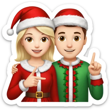 Adult couple wearing Xmas outfit pointing at you sticker
