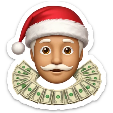 A confident rich emoji face wearing a Santa hat, money stacks, casino vibe, New Year theme, premium 3D emoji style, sharp details, no t sticker