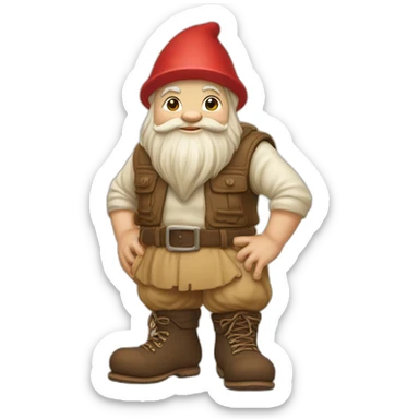 side view of gnome with light tan pants and light tan boots squatting in front of small brown log sticker