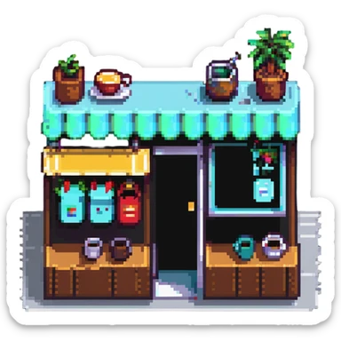 a minimalist cafe storefront, clean lines, pixel art style sticker