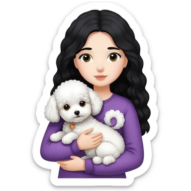 A girl with long straight black hair hugs a white curly-haired Bichon Frise puppy sticker