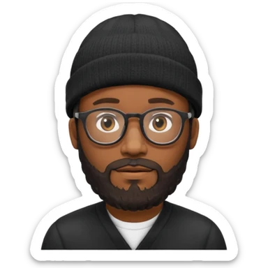 A black man wearing glasses, with a full beard, wearing a black beanie. sticker