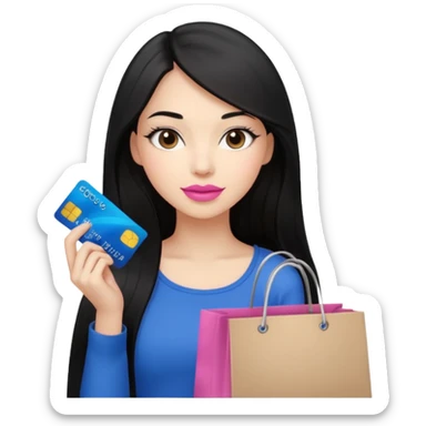 Girl with long black hair, pink lipstick, brown eyes holding shopping bags and blue credit card sticker