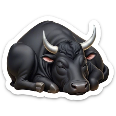 Meme-Worthy Cute Sleeping Black Bull Portrait Emoji, Head resting peacefully with a contented smile, showcasing a robust, massive build and a luxuriously soft pure black hide, eyes shut in a serene, restful nap, Simplified yet hilariously adorable features, highly detailed, glowing with a soft, drowsy light, high shine, relaxed and utterly lovable, stylized with an air of playful laziness, bright and heartwarming, soft glowing outline, capturing the essence of a comically sleepy guardian, so meme-worthy it feels like it could instantly become the next viral sensation of adorable slumber! sticker