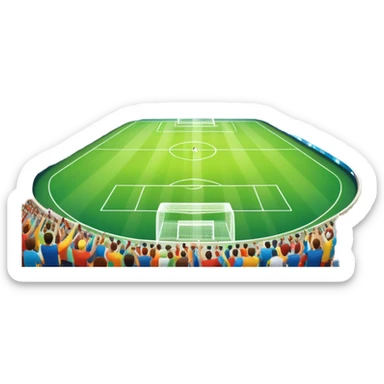 An icon showing a large, beautiful indoor stadium with soccer players on the field, actively playing. Fans cheer from the stands, creating a vibrant and energetic atmosphere. Bright lights shine down on the action, symbolizing the excitement of live sporting events. Transparent background. sticker