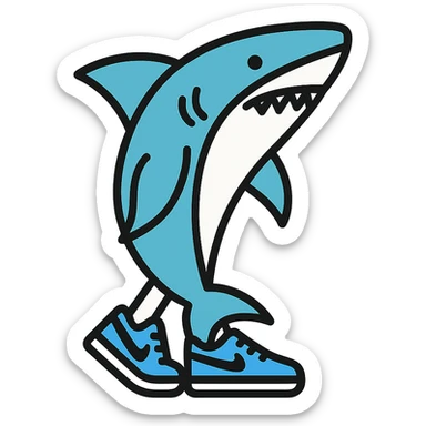 shark sporting blue Nike shoes, icon style, flat, minimal, easily recognizable sticker