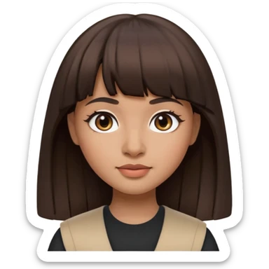 In Apple Memoji format, a girl with dark brown hair. She has bangs and her hair is long. The girl has light brown skin and arab ethnic features sticker