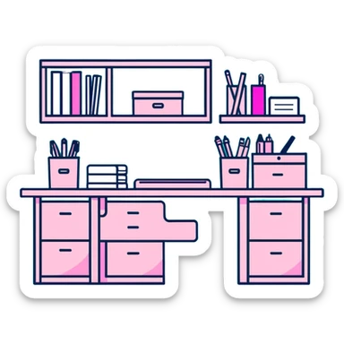 pink office desk with supplies sticker