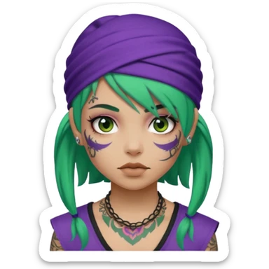 green hair with purple head bandana and lots of face tattoo girl sticker