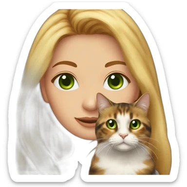 woman with green eyes and long blonde hair is holding a very fluffy and fat tortoiseshell cat sticker