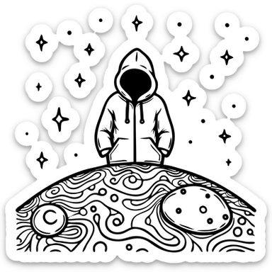 Hooded figure on cosmic earth surface, psychedelic patterns and energy flowing beneath, surreal sky above sticker