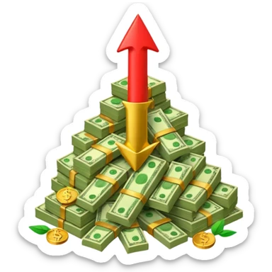 a pile of money with red arrow up sticker