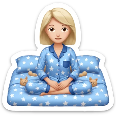 {
      "type": "human",
      "look": "woman in star-print pyjamas, soft blue set, sleepy smile",
      "description": "a woman in soft blue star-print pyjamas smiling sleepily"
    } sticker