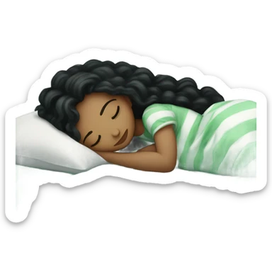 white girl with long curly black hair sleeping in a bed with faded green striped comforters sticker