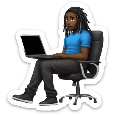 Black-guy-with-dreads-wearing-black-trackstuit-sitting-down-on-chair facing-foward-focused-on-laptop-computer- sticker