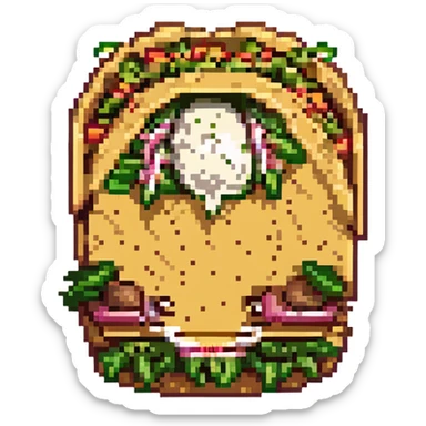 pixel art of a hard shell taco with the opening facing forward, pink shell, filled with lettuce, shredded yellow cheese, sliced jalapenos, brown ground beef, and a dab of sour cream sticker