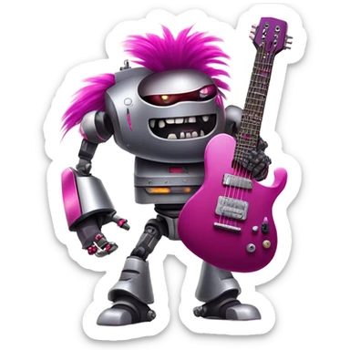 cyberpunk rockstar, magenta mohawk, robot heavy metal rock star,  red mechanical sci-fi electric guitar, (close up view1.3) sticker