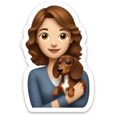 A woman with shoulder length brown hair holding a dachshund  sticker