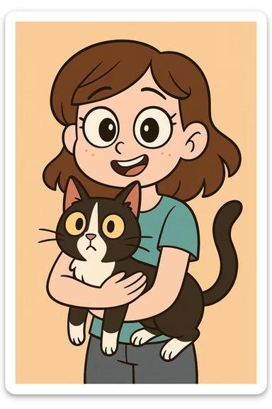 cartoon style portrait of a white-skinned girl with brown hair holding a black and white cat, big eyes, cute and colorful, simple background sticker