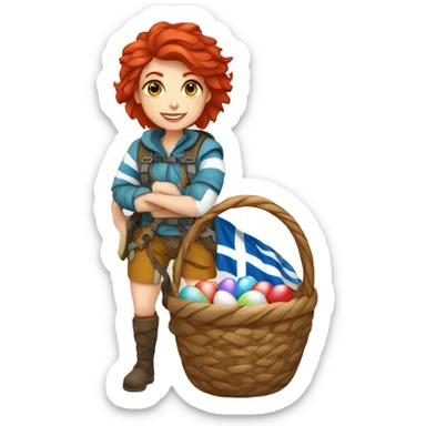 Female winter mountaineer red hair white skin climbing with Greek Flag and Easter eggs basket sticker
