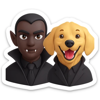 Change the vampire to have brown skin and dress all in black, keep the vampire on the left and the happy golden retriever on the right, preserve the 3D emoji style, keep the background transparent. The style to emulate is 3D emoji style with transparent background. sticker