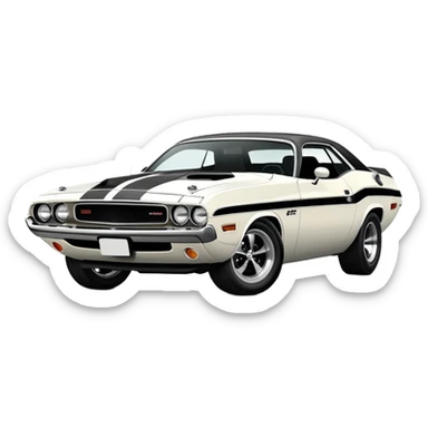 White 1971 Dodge Challenger muscle car with black racing stripes, minimalist style, vintage American muscle car, similar to the one from Death Proof movie sticker