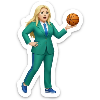 Full Body white plus size female basketball head coach yelling using a clipboard with long blonde hair in a blue and green suit sticker