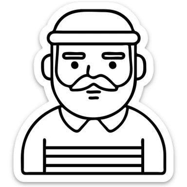 Make the character resemble the man in the reference photo more closely, focusing on facial features, eyebrows, beard and mustache shape, hat, and shirt details. Use a minimal and simple style. sticker
