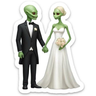 Alien reprilian woman in wedding dress and one humman man in a tuxedo holding hands getting married sticker