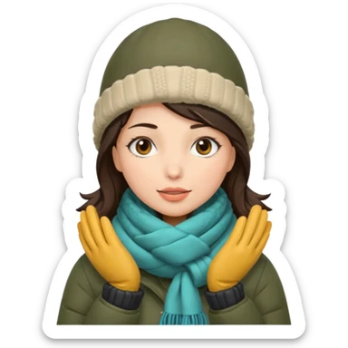 Brunette woman bundled up with parka, hat, scarf, and glvoes. The scarf covers her face  sticker