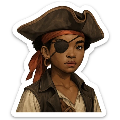 lightskin African American girl pirate with a scar, an eye patch on the right eye, an eyebrow slit, and a small curly black afro sticker