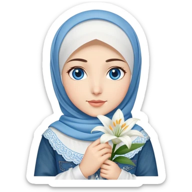 Turkish beautiful finish Konya girl blue eyes with denim and white hijab fresh islamic dress and had on her hand lilys flower  sticker