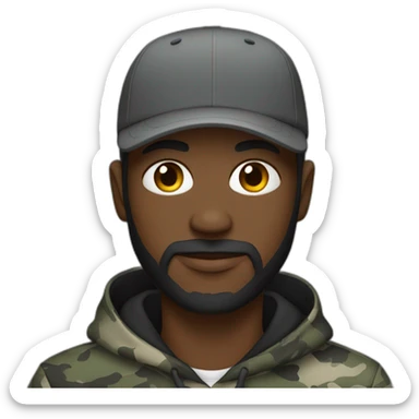 black man with a beard, gray camo hat, black pullover  hoodie sticker