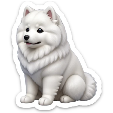 cinematic-[samoyed]-realistic-full-body-sitting-emoji,-tail-resting-loosely-beside-its-paws,-head-tilted-dramatically, -fluffy-[white]-fur,-simplified-yet-realistic-focused-features,-highly-detailed,-glowing-with-an-almost-sarcastic-glow sticker