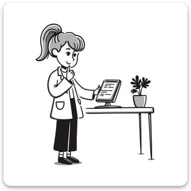 A thoughtful blonde physical therapist with finger on chin, wearing scrubs, looking contemplative while analyzing patient data sticker