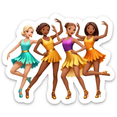 Icon for Contemporary Dance: a synchronized group dance performance with dancers in modern outfits, performing on stage with bright spotlighting and energetic movement. The icon should capture the dynamic and vibrant nature of contemporary dance. Transparent background. sticker