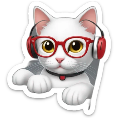 a kitty in red glasses working on a computer wearing headphones sticker