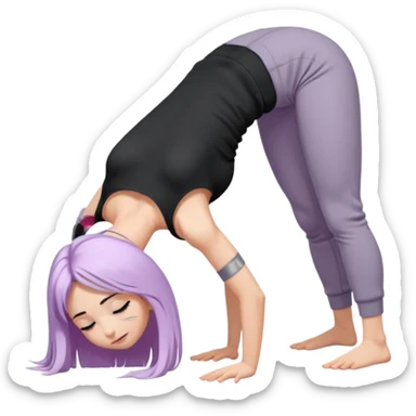 Девушка белокожая в позе собака мордой вниз, с длинными светло-лиловыми волосами, в черном топе, в серых спортивных штанах, с черными ресницами sticker