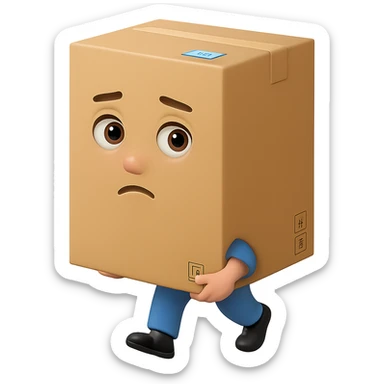 Make the box much larger and more prominent in the hands of the person carrying it, with no background. The style should be consistent with the original image. sticker