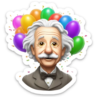 happy albert einstein shooting colorful confetti popper with partty baloons sticker